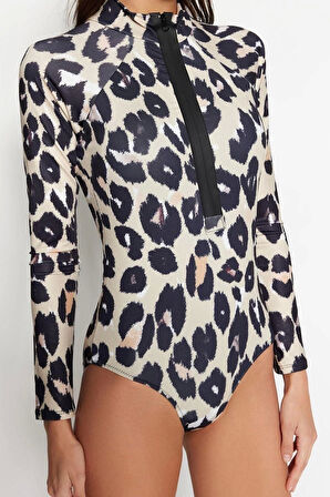 Kadın Moda Kapsız Uzun Brief Yaka Hayvan Desenli Yüzücü Fermuarlı Uzun Kollu Regular Mayo