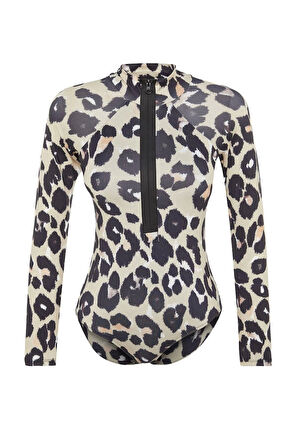 Kadın Moda Kapsız Uzun Brief Yaka Hayvan Desenli Yüzücü Fermuarlı Uzun Kollu Regular Mayo