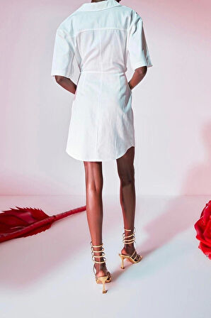 Moda Regular Casual Günlük Gabardin Dokuma Gömlek Yaka Kısa Kol A-Line Mini Boy Elbise