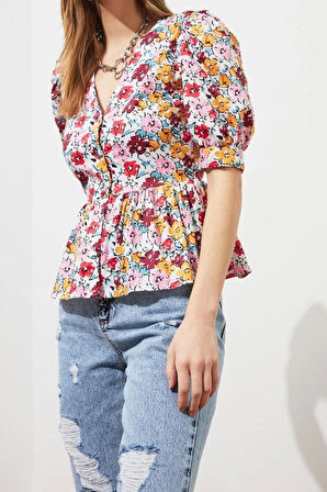 Moda Kadın V Yaka Çiçekli Desen Günlük Çiçek Desenli Kısa Kollu Fitted Bele Oturan Dokuma Gömlek