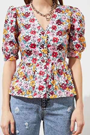 Moda Kadın V Yaka Çiçekli Desen Günlük Çiçek Desenli Kısa Kollu Fitted Bele Oturan Dokuma Gömlek