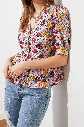 Moda Kadın V Yaka Çiçekli Desen Günlük Çiçek Desenli Kısa Kollu Fitted Bele Oturan Dokuma Gömlek