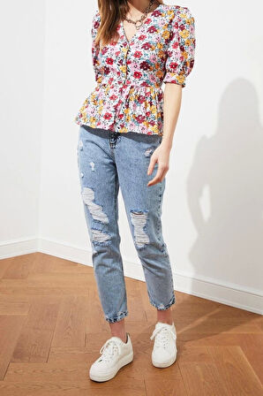 Moda Kadın V Yaka Çiçekli Desen Günlük Çiçek Desenli Kısa Kollu Fitted Bele Oturan Dokuma Gömlek