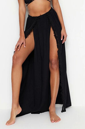 Moda Yırtmaçlı Düz Desen Plaj Maxi Boy Haki Maxi Dokuma Püsküllü Etek