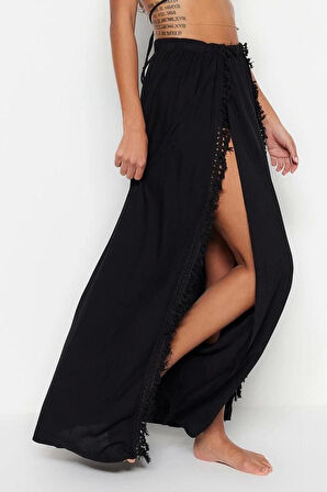 Moda Yırtmaçlı Düz Desen Plaj Maxi Boy Haki Maxi Dokuma Püsküllü Etek