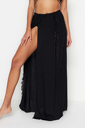 Moda Yırtmaçlı Düz Desen Plaj Maxi Boy Haki Maxi Dokuma Püsküllü Etek