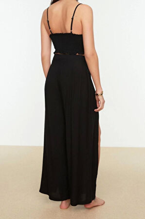 Moda Örme Yüksek Bel Düz V Yaka Plaj Fuşya Dokuma Yırtmaçlı Bluz Pantolon Takım