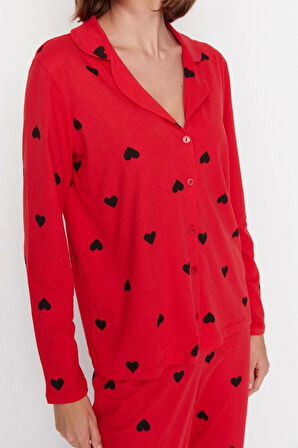 Tarz Rahat Uzun Kollu Boru Paça %100 Pamuklu Kalp Desenli Örme Pijama Takımı