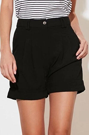 Moda Dokuma Yüksek Bel Geniş Paça Gündelik Siyah Paçası Kıvırmalı Dokuma Şort