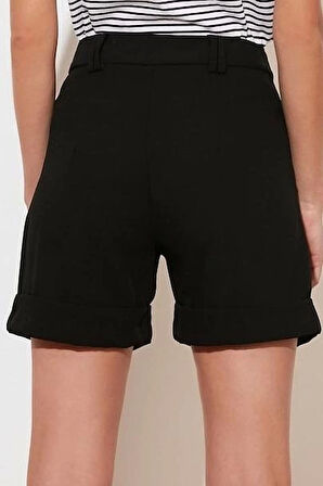 Moda Dokuma Yüksek Bel Geniş Paça Gündelik Siyah Paçası Kıvırmalı Dokuma Şort