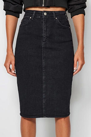 Modern Tarz Astarsız Denim Midi Boy Yüksek Bel Midi Kalem Denim Etek