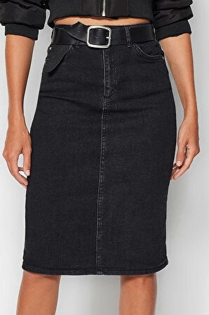 Modern Tarz Astarsız Denim Midi Boy Yüksek Bel Midi Kalem Denim Etek