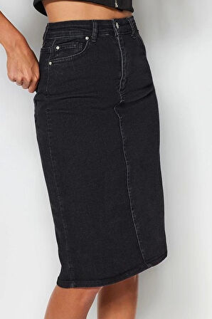 Modern Tarz Astarsız Denim Midi Boy Yüksek Bel Midi Kalem Denim Etek