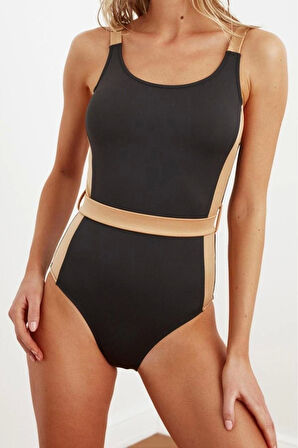 Kadın Moda Atma Kap Askılı Brief Yaka Siyah Kemerli Colour Block Regular Mayo