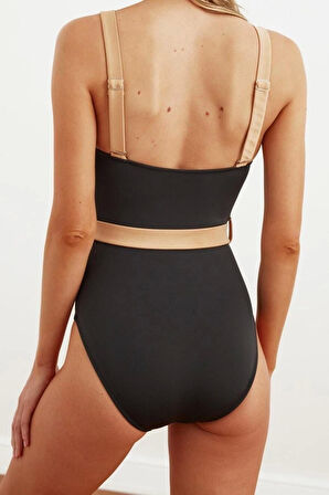 Kadın Moda Atma Kap Askılı Brief Yaka Siyah Kemerli Colour Block Regular Mayo