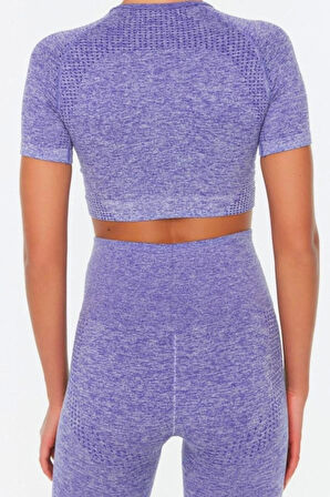 Moda Bisiklet Yaka Örme Fit Düz Desen Sportswear Crop Kısa Kol Bluz