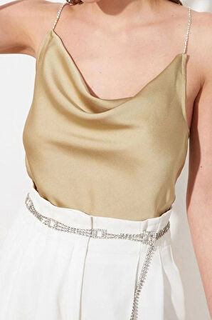 Moda Degaje Yaka Dokuma Regular Düz Desen Şık gece Regular Askılı Kol Bluz