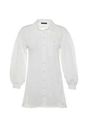 Moda Kadın Tesettür Gömlek Yaka Günlük Balon Kol Arkası Uzun Cep Detaylı Basic Dokuma Gömlek