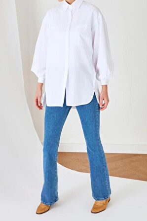 Moda Kadın Tesettür Gömlek Yaka Günlük Balon Kol Arkası Uzun Cep Detaylı Basic Dokuma Gömlek