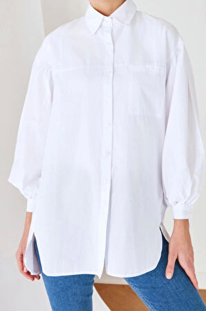 Moda Kadın Tesettür Gömlek Yaka Günlük Balon Kol Arkası Uzun Cep Detaylı Basic Dokuma Gömlek