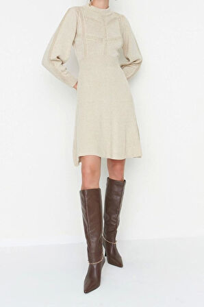 Moda Regular Business Tek Plaka Triko Bisiklet Yaka Uzun Kol A-Line Mini Boy Elbise