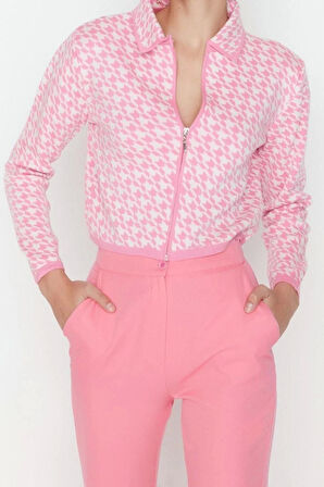 Kadın Modern Tarz Rahat Uzun Polo Yaka Kazayağı Kol Crop Triko Hırka