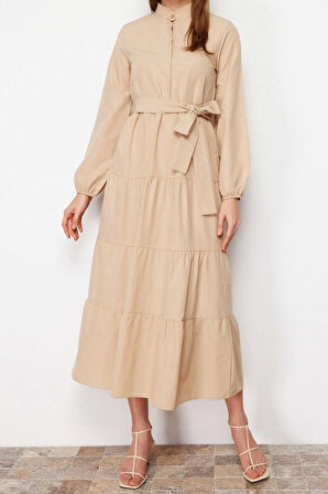 Moda Rahat Casual Günlük Terrycotton Dokuma Dik Yaka Uzun Kol Basic Maxi Boy Tesettür Elbise