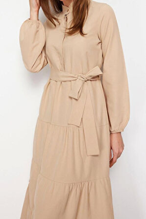 Moda Rahat Casual Günlük Terrycotton Dokuma Dik Yaka Uzun Kol Basic Maxi Boy Tesettür Elbise