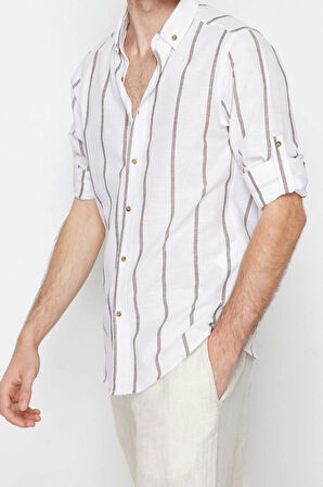 Şık Çizgili Desen Düğmeli Yaka Slim Fit Düğmeli Yaka Apoletli Çizgili Gömlek