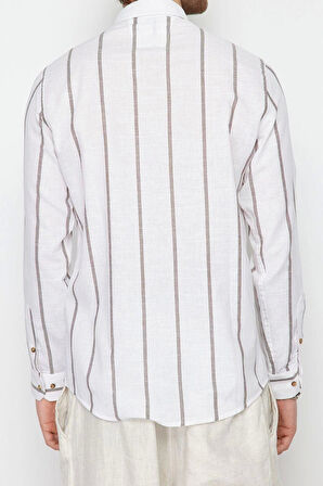 Şık Çizgili Desen Düğmeli Yaka Slim Fit Düğmeli Yaka Apoletli Çizgili Gömlek