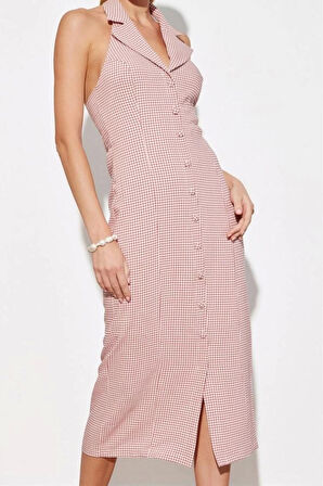 Moda Stil Regular Ceket Yaka Midi Boy Limited Edition Kareli Dokuma Ceket Elbise
