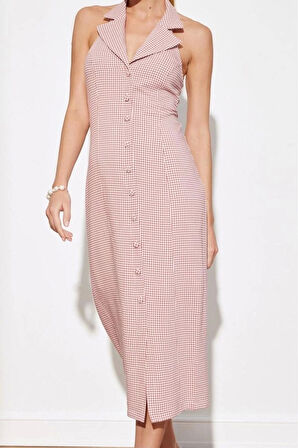 Moda Stil Regular Ceket Yaka Midi Boy Limited Edition Kareli Dokuma Ceket Elbise