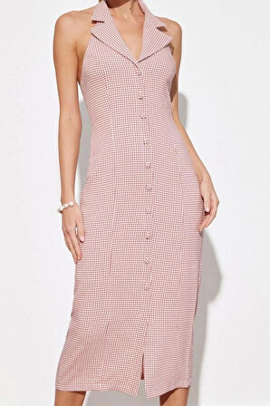 Moda Stil Regular Ceket Yaka Midi Boy Limited Edition Kareli Dokuma Ceket Elbise