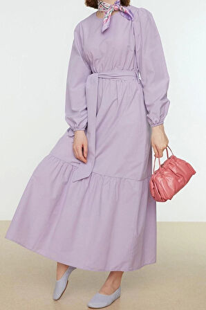 Moda Regular Casual Günlük Terrycotton Dokuma Bisiklet Yaka Uzun Kol Skater Maxi Boy Tesettür Elbise