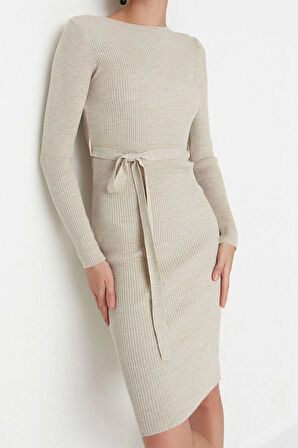 Moda Slim Casual Günlük Fitilli Triko Bisiklet Yaka Uzun Kol A-Line Midi Boy Elbise