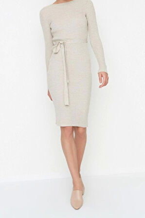 Moda Slim Casual Günlük Fitilli Triko Bisiklet Yaka Uzun Kol A-Line Midi Boy Elbise