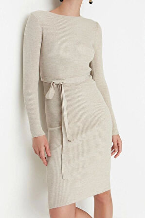 Moda Slim Casual Günlük Fitilli Triko Bisiklet Yaka Uzun Kol A-Line Midi Boy Elbise