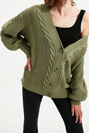 Kadın Modern Tarz Rahat Uzun V Yaka Saç Örgü Kol Regular Triko Hırka