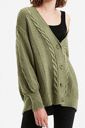 Kadın Modern Tarz Rahat Uzun V Yaka Saç Örgü Kol Regular Triko Hırka