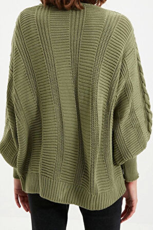 Kadın Modern Tarz Rahat Uzun V Yaka Saç Örgü Kol Regular Triko Hırka