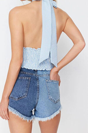Moda Kruvaze Örme Regular Çizgili Desen Plaj Crop Kolsuz Bluz