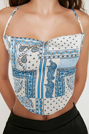 Moda Degaje Yaka Dokuma Fit Şal Desen Desen Casual Günlük Crop Askılı Kol Bluz