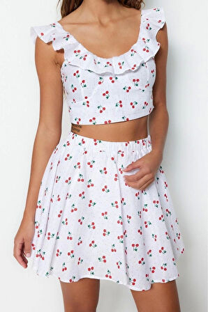 Moda Slogan Bisiklet Yaka Büzgülü Fırfırlı Kol Plaj Dokuma Fırfırlı %100 Pamuk Bluz Etek Takım