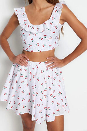 Moda Slogan Bisiklet Yaka Büzgülü Fırfırlı Kol Plaj Dokuma Fırfırlı %100 Pamuk Bluz Etek Takım