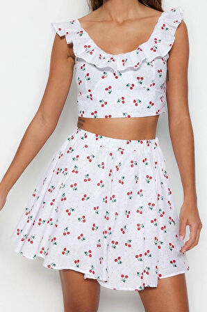 Moda Slogan Bisiklet Yaka Büzgülü Fırfırlı Kol Plaj Dokuma Fırfırlı %100 Pamuk Bluz Etek Takım