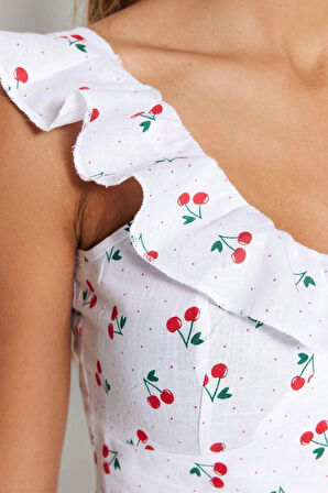 Moda Slogan Bisiklet Yaka Büzgülü Fırfırlı Kol Plaj Dokuma Fırfırlı %100 Pamuk Bluz Etek Takım