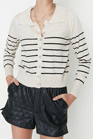 Kadın Modern Tarz Rahat Uzun Polo Yaka Çizgili Kol Regular Triko Hırka