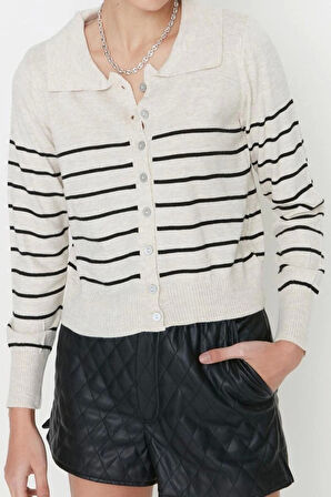 Kadın Modern Tarz Rahat Uzun Polo Yaka Çizgili Kol Regular Triko Hırka