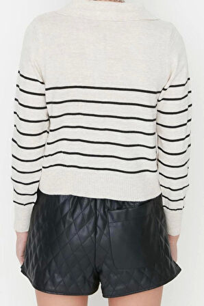 Kadın Modern Tarz Rahat Uzun Polo Yaka Çizgili Kol Regular Triko Hırka