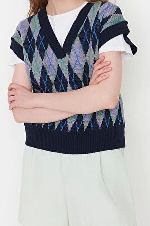 Kadın Modern Tarz Rahat Kolsuz V Yaka Baklava Kol Regular Triko Süveter